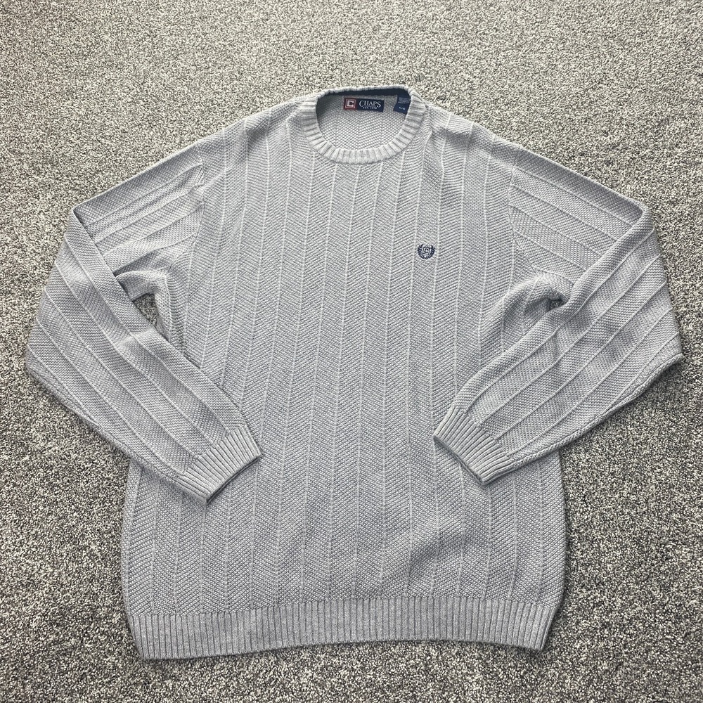 Ralph Lauren Chaps Sweater Mens Large Gray Chevron Rib 3D Knit Crewneck Pullover